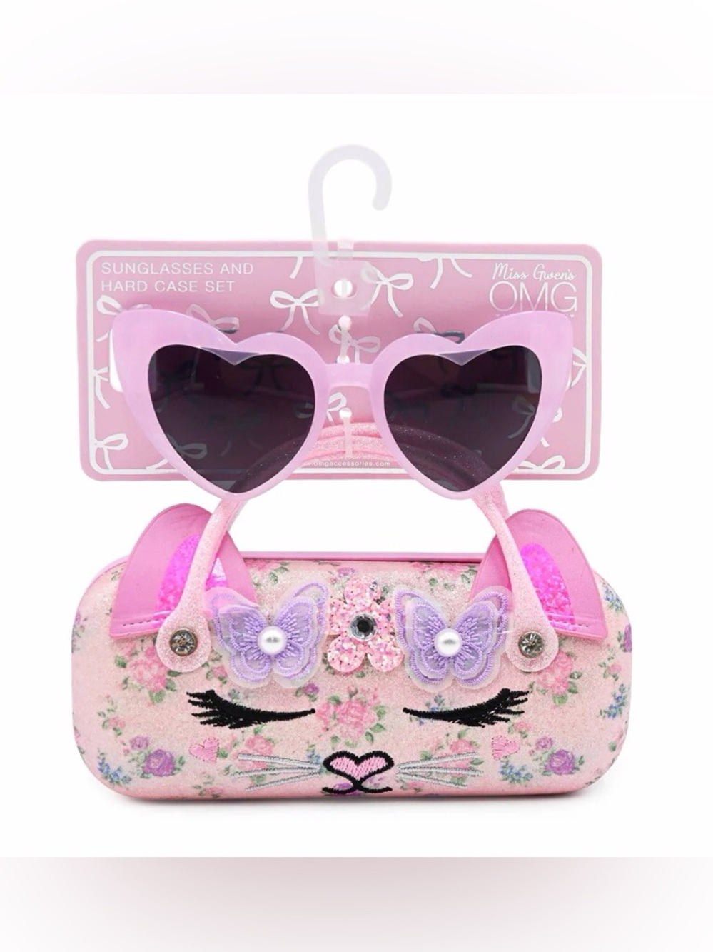 Kids Pink Heart Sunglasses with Floral Cat Hard Case